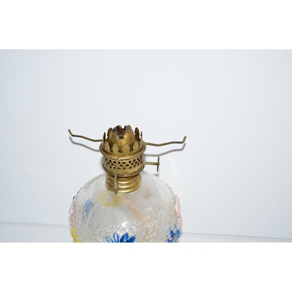 Vtg  Miniature oil Lamp Floral COSMOS Pattern flaws  clear glass - Picture 5 of 9